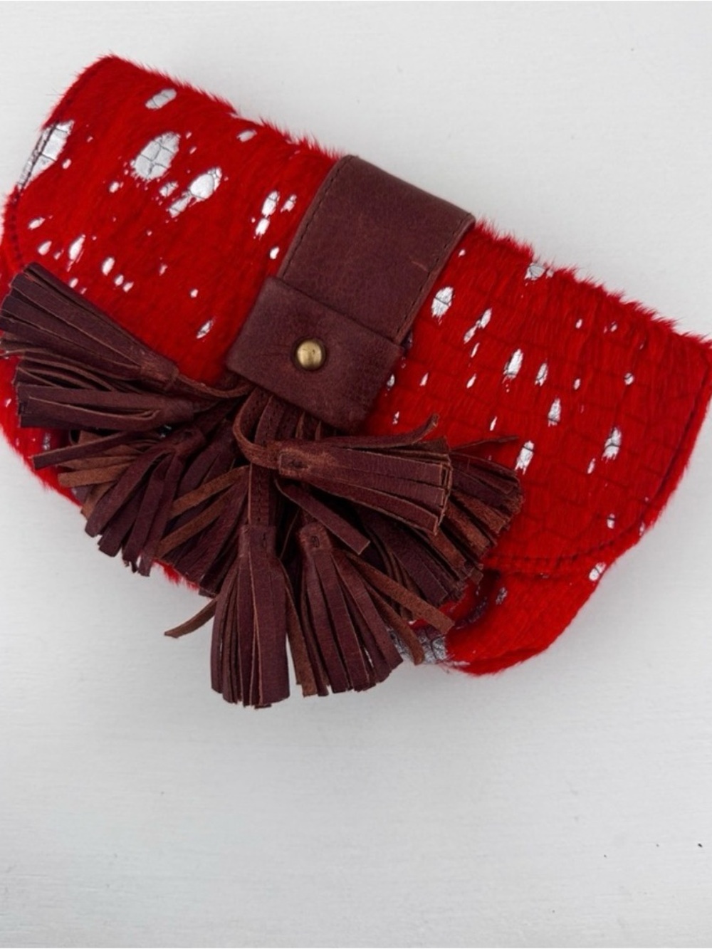 Vibrant Red Clutch with Brown Tassels